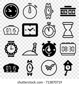 Watch icons set. set of 16 watch filled and outline icons such as wrist watch, clock, pendulum, digital clock, wall clock, hourglass