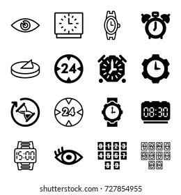 Watch icons set. set of 16 watch filled and outline icons such as eye, wrist watch for woman, 24 hour, hourglass, digital clock, gear clock