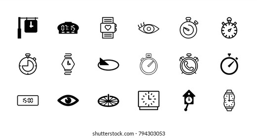 Watch icons. set of 18 editable filled and outline watch icons: eye, sundial, pendulum, clock, digital clock, alarm