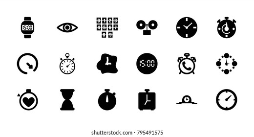 Watch icons. set of 18 editable filled watch icons: alarm, stopwatch, clock, eye, wall clock, wrist dial watch, hourglass