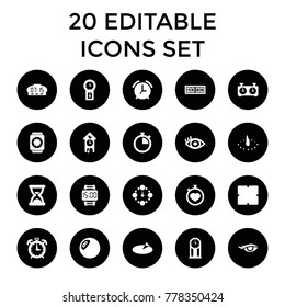 Watch icons. set of 20 editable filled watch icons such as clock, eye, wall clock, sundial, hourglass, pendulum. best quality watch elements in trendy style.