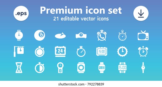 Watch icons. set of 21 editable filled watch icons includes alarm, tv, stopwatch, sundial, hourglass, pendulum, clock
