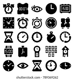 Watch icons. set of 25 editable filled watch icons such as stopwatch, clock alarm, eye, clock, hourglass, wrist dial watch, sundial, pendulum