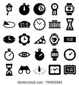 Watch icons. set of 25 editable filled watch icons such as stopwatch, clock, binoculars, eye, wall clock, sundial, hourglass