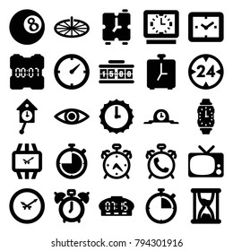 Watch icons. set of 25 editable filled watch icons such as alarm, clock alarm, clock, tv, eye, wrist watch, sundial, 24 hour, hourglass, pendulum
