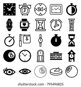 Watch icons. set of 25 editable filled and outline watch icons such as stopwatch, eye, hourglass, clock, cuckoo clock, sundial, 24 hour, pendulum