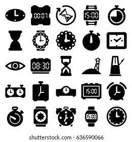 Watch icons set. set of 25 watch filled icons such as stopwatch, eye, wall clock, hourglass, pendulum, clock, digital clock, alarm