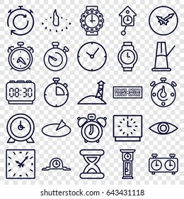 Watch icons set. set of 25 watch outline icons such as alarm, clock, stopwatch, eye, hourglass, wall clock, sundial, pendulum