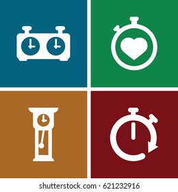Watch icons set. set of 4 watch filled icons such as stopwatch, pendulum