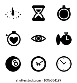 Watch icons. set of 9 editable filled watch icons such as eye, hourglass, wall clock, sundial, stopwatch