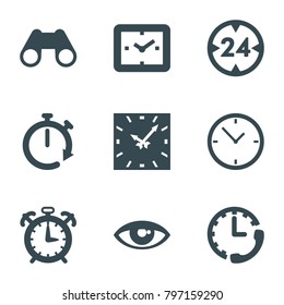 Watch icons. set of 9 editable filled watch icons such as clock, binoculars, 24 hour, alarm, stopwatch