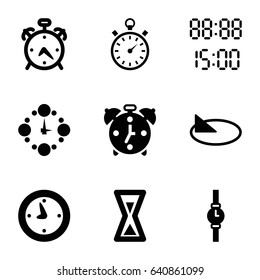 Watch icons set. set of 9 watch filled icons such as alarm, stopwatch, clock, wall clock, wrist watch, digital time, sundial