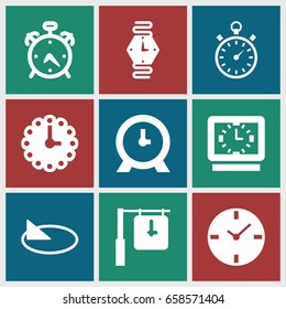 Watch icons set. set of 9 watch filled icons such as alarm, clock, stopwatch, wall clock, wrist watch