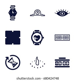 Watch icons set. set of 9 watch filled and outline icons such as clock, eye, hourglass, digital clock