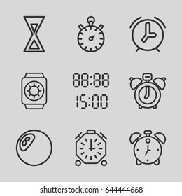 Watch icons set. set of 9 watch outline icons such as digital time, wrist watch with sun, hourglass, alarm, stopwatch, clock alarm