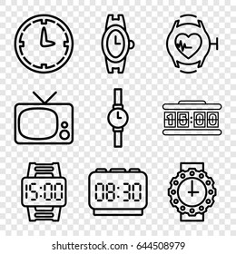 Watch icons set. set of 9 watch outline icons such as wall clock, digital clock