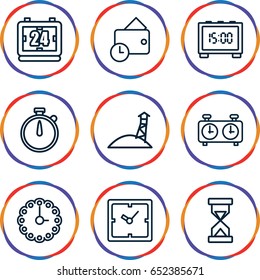 Watch icons set. set of 9 watch outline icons such as clock, wallet, wall clock, hourglass, digital clock, observation military tower