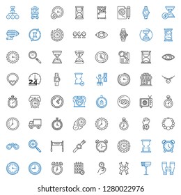 watch icons set. Collection of watch with binoculars, cctv, vision, wall clock, schedule, clock, alarm clock, hourglass, finish, zoom in, necklace. Editable and scalable watch icons.