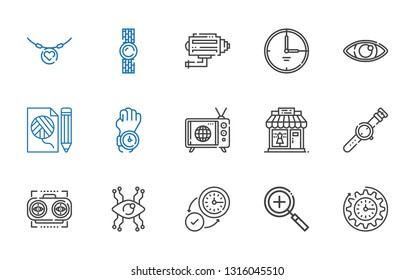 watch icons set. Collection of watch with clock, zoom in, wall clock, vision, clothing shop, tv, fashion, eye, time, cctv, necklace. Editable and scalable watch icons.