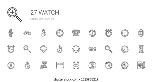 watch icons set. Collection of watch with clock, hourglass, vision, finish, stopclock, zoom out, necklace, zoom in, alarm clock, hours, fashion. Editable and scalable watch icons.