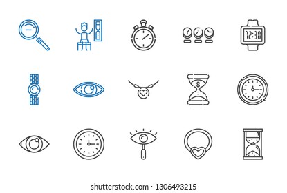 watch icons set. Collection of watch with hourglass, necklace, eye, wall clock, clock, stopwatch, timer, zoom out. Editable and scalable watch icons.