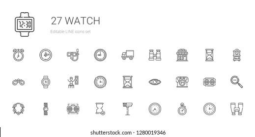 watch icons set. Collection of watch with stopclock, wall clock, cctv, hourglass, vision, necklace, hours, eye, timer, binoculars, clothing shop. Editable and scalable watch icons.