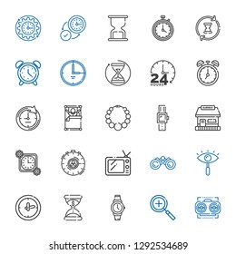watch icons set. Collection of watch with vision, zoom in, hourglass, clock, eye, binoculars, tv, stopwatch, time, tickets office, smartwatch. Editable and scalable watch icons.