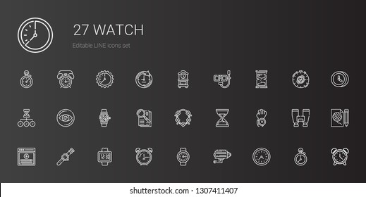 watch icons set. Collection of watch with wall clock, cctv, alarm clock, video, hourglass, necklace, observe, smartwatch, vision, dive, clock. Editable and scalable watch icons.