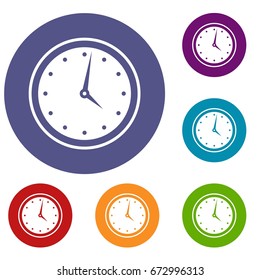 Watch icons set in flat circle reb, blue and green color for web