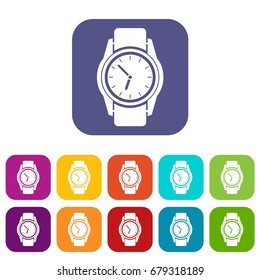 Watch icons set vector illustration in flat style In colors red, blue, green and other
