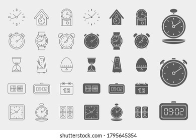 Watch Icons set - Vector outline symbols and silhouettes of watch, stopwatch, hourglass, timer, wristwatch, calendar for the site or interface