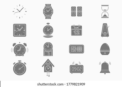 Watch Icons set - Vector silhouettes of watch, stopwatch, hourglass, timer, wristwatch, calendar for the site or interface