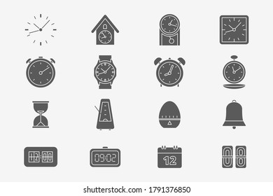 Juego de iconos de Watch - Siluetas vectoriales de reloj, cronómetro, reloj de pulsera, reloj de pulsera, calendario para el sitio o interfaz