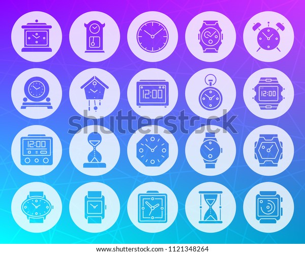 Watch icons set. Web sign kit of alarm clock.\
Clock pictogram collection includes wristwatch, timer, hourglass.\
Simple watch vector symbol. Icon shape carved from circle on\
colorful background