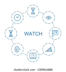 watch icons. Trendy 8 watch icons. Contain icons such as hourglass, clock, eye, sundial, heartbeat watch. watch icon for web and mobile.