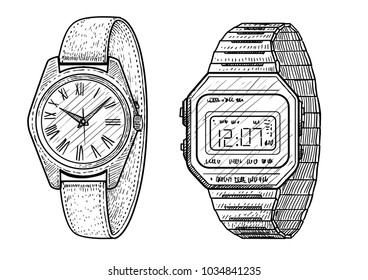 Watch illustration, drawing, engraving, ink, line art, vector