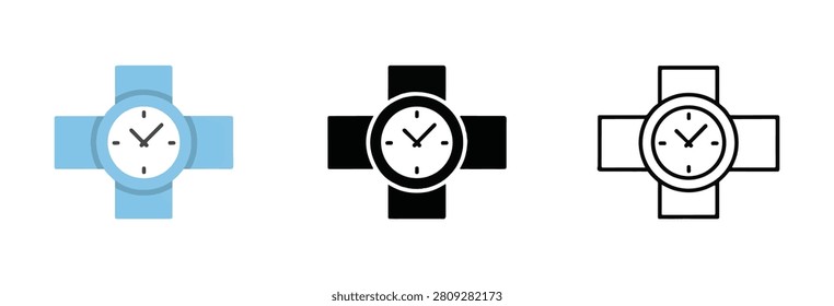 A watch integrated into a medical cross symbol, representing healthcare time management and urgent services.
