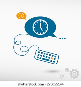 Watch and keyboard on chat speech bubbles. Line icons for application and creative process