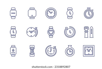 Juego de iconos de la línea de observación. Trazo editable. Ilustración vectorial. Conteniendo reloj de manzana, producto, reloj, reloj de pulsera, cronómetro, reloj, reloj, regreso al pasado, reloj inteligente, refresco, correa, reloj deportivo.