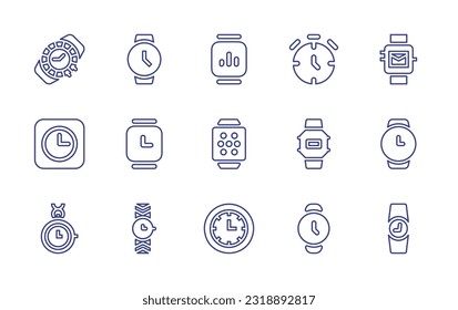 Zeichensatz überwachen Bearbeitbarer Strich. Vektorgrafik. Mit Armbanduhr, Stoppuhr, Smart, Uhr, Taschenuhr, Umhang.