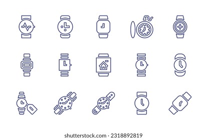 Watch line icon set. Editable stroke. Vector illustration. Containing smartwatch, watch, pocket watch, clock, wrist watch.