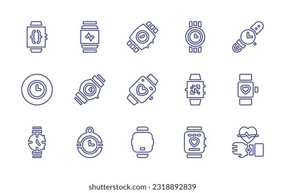 Watch line icon set. Editable stroke. Vector illustration. Containing smart, fitness, watch, time, smartwatch, wristwatch, pocket watch, wearable technology.