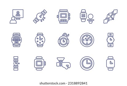 Zeichensatz überwachen Bearbeitbarer Strich. Vektorgrafik. Mit Online-Konferenz, Armbanduhr, Armbanduhr, smart watch, Taschenuhr, Wanduhr, smart watch, hologram, uhr.