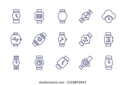 Zeichensatz überwachen Bearbeitbarer Strich. Vektorgrafik. Mit Uhr, intelligenter Uhr, Armbanduhr, Zeit, intelligenter Uhr.