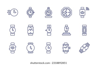 Zeichensatz überwachen Bearbeitbarer Strich. Vektorgrafik. Sie enthält Folgendes: Anzug, Uhr, Tasche, Uhr, intelligente Uhr, Armbanduhr, Fitness, Uhren.