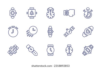 Zeichensatz überwachen Bearbeitbarer Strich. Vektorgrafik. Mit Armbanduhr, Wecker, Taschenuhr, Uhr, Stopp, Uhr, schnelle Lieferung, digital.