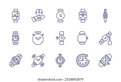 Juego de iconos de la línea de observación. Trazo editable. Ilustración vectorial. Con reloj deportivo, reloj de pared, reloj, reloj inteligente, cronómetro, muñeca.