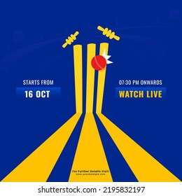 Watch Live Cricket Match Concept With Red Ball Hitting Wicket Stamp On Blue And Yellow Background.