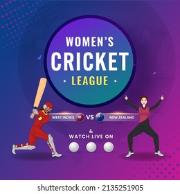 Watch Live Show Of Participating Women's Cricket Team West Indies VS New Zealand With Cricketer Players On Gradient Blue And Purple Background.