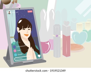 Watch live SNS distribution of young women using a smartphone stand on a dresser